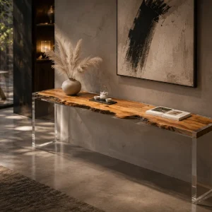 Custom Italian Olive Wood Live Edge Epoxy Console Tables with Black Epoxy ICS007