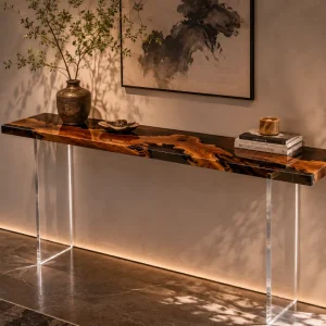 Custom Italian Olive Wood Live Edge Epoxy Console Tables with Black Epoxy ICS008