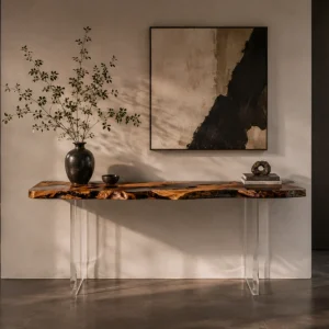 Custom Italian Olive Wood Live Edge Epoxy Console Tables with Black Epoxy ICS009