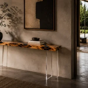 Custom Italian Olive Wood Live Edge Epoxy Console Tables with Black Epoxy ICS010