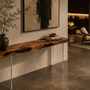 Custom Italian Olive Wood Live Edge Epoxy Console Tables with Black Epoxy ICS011
