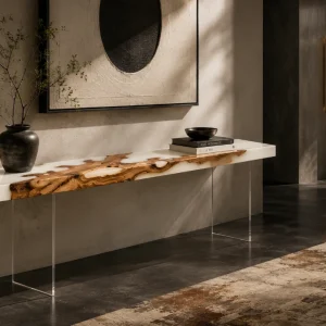 Custom Italian Olive Wood Live Edge Epoxy Console Tables with White Epoxy ICS012