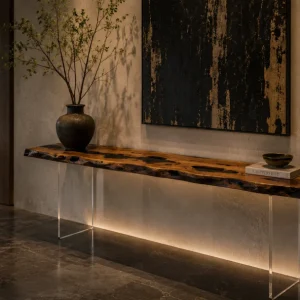 Custom Italian Olive Wood Live Edge Epoxy Console Tables with Black Epoxy ICS013