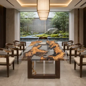 Custom Italian Olive Wood Crystal Clear Live Edge Table Conference Tables ICT001