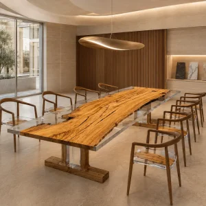 Custom Italian Olive Wood Crystal Clear Live Edge Table Conference Tables ICT002