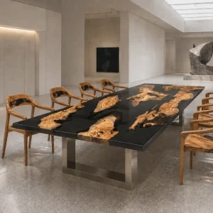 Custom Italian Olive Wood Black Live Edge Table Conference Tables ICT005