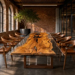 Custom Italian Olive Wood Crystal Clear Live Edge Table Conference Tables ICT008