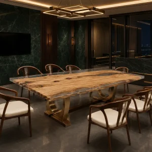 Custom Italian Olive Wood Crystal Clear Live Edge Table Conference Tables ICT012