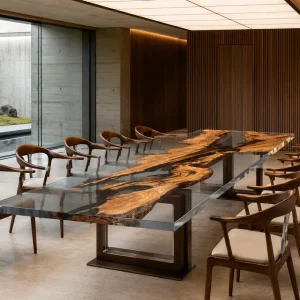 Custom Italian Olive Wood Crystal Clear Live Edge Table Conference Tables ICT013