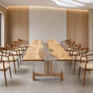 Custom Italian Olive Wood Crystal Clear Live Edge Table Conference Tables ICT014
