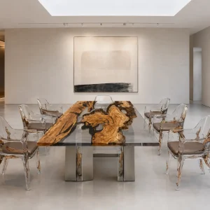 Custom Italian Olive Wood Crystal Clear Live Edge Table Conference Tables ICT015