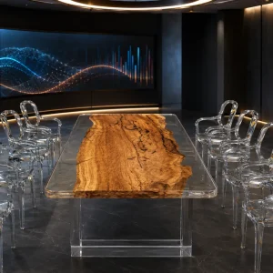 Custom Italian Olive Wood Crystal Clear Live Edge Table Conference Tables ICT017
