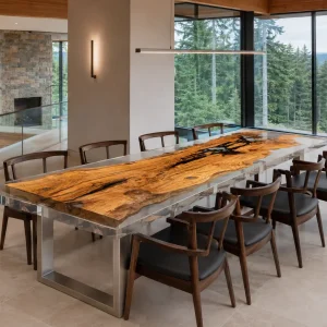 Custom Italian Olive Wood Crystal Clear Live Edge Dining Table IDT002