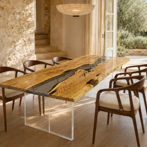 Custom Italian Olive Wood Crystal Clear Live Edge Dining Table IDT005
