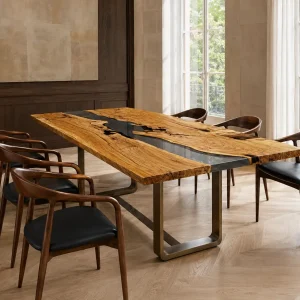 Custom Italian Olive Wood Crystal Clear Live Edge Dining Table IDT006