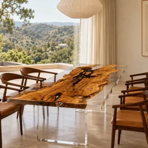 Custom Italian Olive Wood Crystal Clear Live Edge Dining Table IDT008