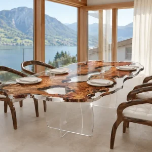 Custom Italian Olive Wood Crystal Clear Live Edge Dining Table IDT009