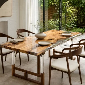 Custom Italian Olive Wood Crystal Clear Live Edge Dining Table IDT010
