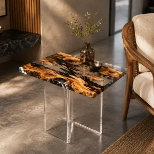 Custom Italian Olive Wood Live Edge Epoxy End Tables with Crystal Clear Epoxy IE004