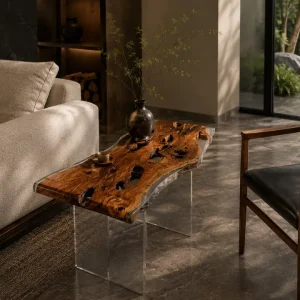 Custom Italian Olive Wood Live Edge Epoxy End Tables with Crystal Clear Epoxy IE006