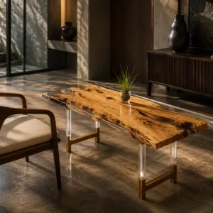 Custom Italian Olive Wood Live Edge Epoxy End Tables with Crystal Clear Epoxy IE010