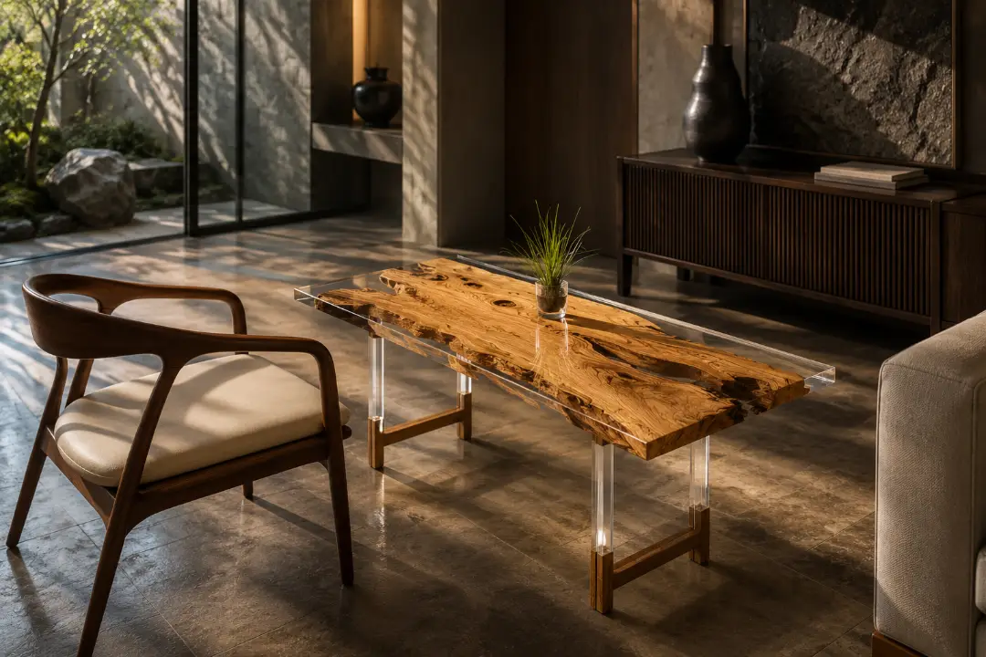 Custom Italian Olive Wood Live Edge Epoxy End Tables with Crystal Clear Epoxy IE010