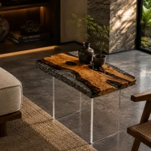 Custom Italian Olive Wood Live Edge Epoxy End Tables with Grey Epoxy IE013
