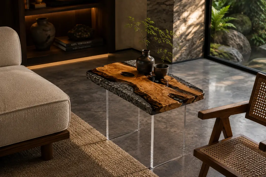 Custom Italian Olive Wood Live Edge Epoxy End Tables with Grey Epoxy IE013
