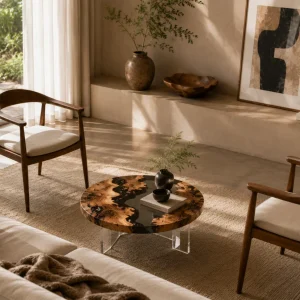 Custom Italian Olive Wood Live Edge Epoxy Coffee Tables with Grey Epoxy IECT003