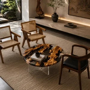 Custom Italian Olive Wood Live Edge Epoxy Coffee Tables with Crystal Clear Epoxy IECT004