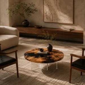 Custom Italian Olive Wood Live Edge Epoxy Coffee Tables with Black Epoxy IECT005