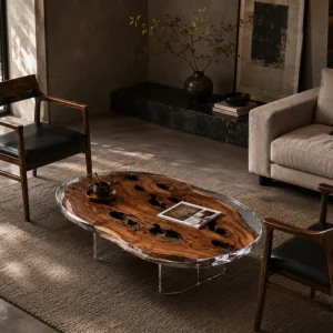 Custom Italian Olive Wood Live Edge Epoxy Coffee Tables with Crystal Clear Epoxy IECT006