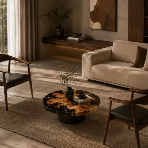 Custom Italian Olive Wood Live Edge Epoxy Coffee Tables with Black Epoxy IECT009