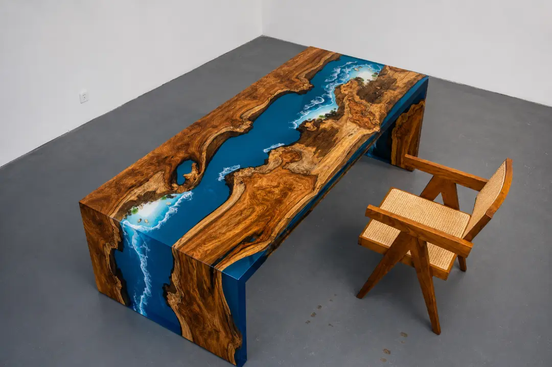 Italian Olive Wood Waterfall River Table with Blue Epoxy | IWF001