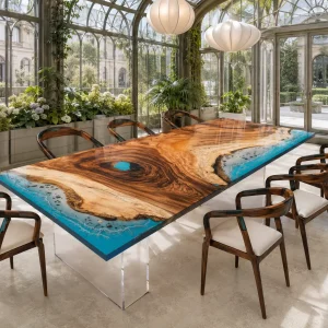 Designer Live Edge Epoxy Table made with and Ocean Blue epoxy resin reference LT016
