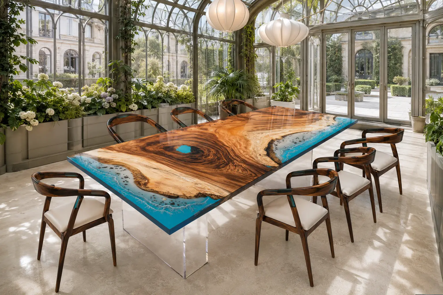 Designer Live Edge Epoxy Table made with and Ocean Blue epoxy resin reference LT016