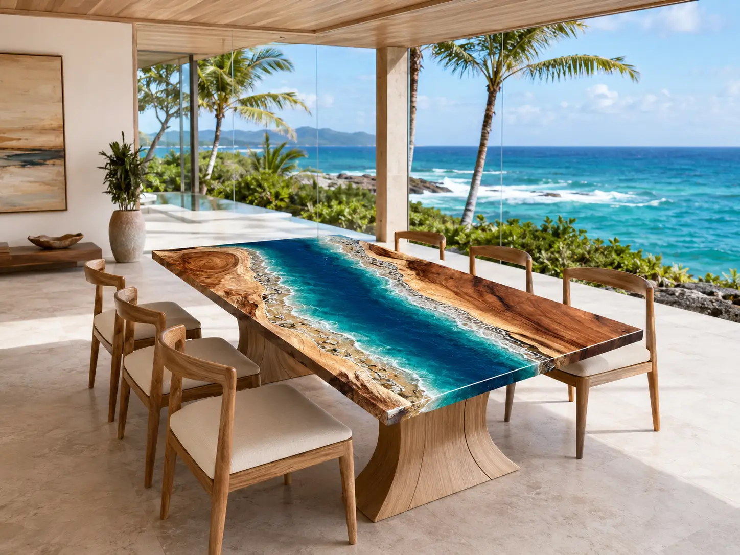 Handcrafted Ocean Beach Epoxy Wood Table crafted from SKU OB003