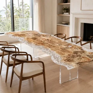 Custom French Poplar Crystal Clear Live Edge Dining Table PDT009