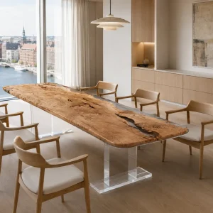 Custom French Poplar Crystal Clear Live Edge Dining Table PDT011