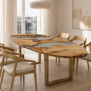 Custom French Poplar Crystal Clear Live Edge Dining Table PDT013