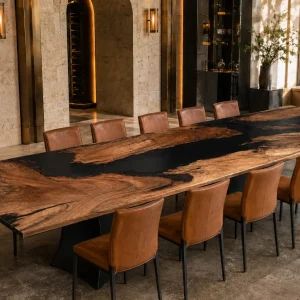 Custom Walnut Epoxy Burnt Wood Table Top with Blue epoxy