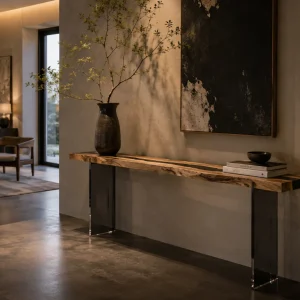 Custom Burl Wood River Epoxy Console Tables with Black Epoxy RCS001