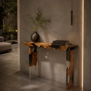 Custom Burl Wood Live Edge Epoxy Console Tables with Black Epoxy RCS002