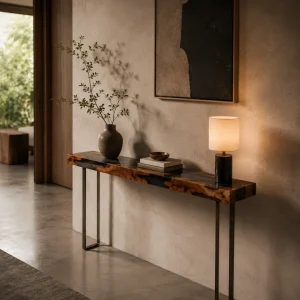Custom Burl Wood Live Edge Epoxy Console Tables with Black Epoxy RCS007