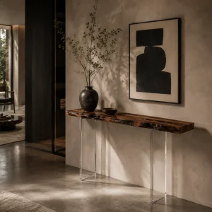 Custom Burl Wood Live Edge Epoxy Console Tables with Black Epoxy RCS008