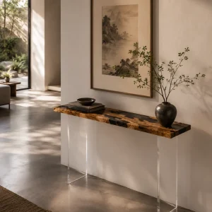 Custom Burl Wood Live Edge Epoxy Console Tables with Black Epoxy RCS010