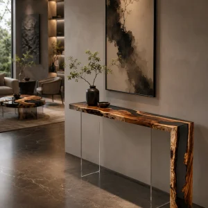Custom Burl Wood Live Edge Epoxy Console Tables with Black Epoxy RCS011