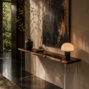 Custom Burl Wood Live Edge Epoxy Console Tables with Black Epoxy RCS012