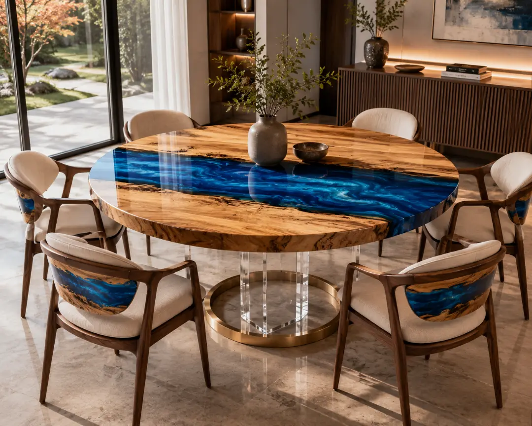 Custom Ocean & Beach Round Dining Table with Ocean Blue Epoxy RDT014