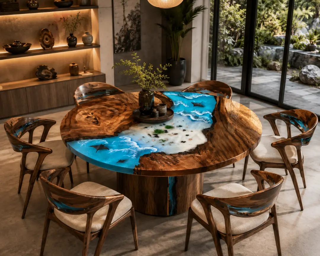 Custom Ocean & Beach Round Dining Table with Ocean Blue Epoxy RDT015